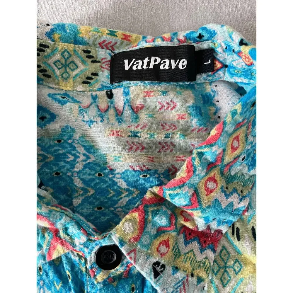 Vat Pave Abstract print Button Up Short Sleeve Top SZ L Cotton Blend - Picture 8 of 9